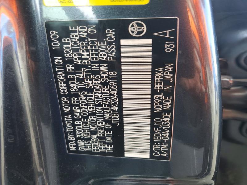 Aukcja sprzedaży 2010 Toyota Yaris, vin: JTDBT4K32A4069118, numer aukcji: 62148686