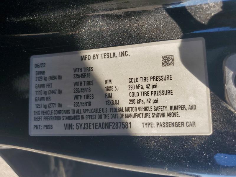 Aukcja sprzedaży 2022 Tesla Model 3, vin: 5YJ3E1EA0NF287581, numer aukcji: 60043746
