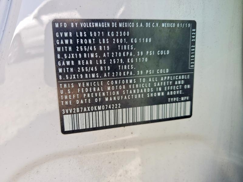 Aukcja sprzedaży 2019 Volkswagen Tiguan, vin: 3VV2B7AX0KM074222, numer aukcji: 60168486