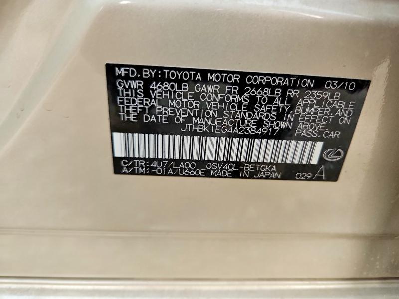 Продаж на аукціоні авто 2010 Lexus Es, vin: JTHBK1EG4A2384917, номер лоту: 59320186