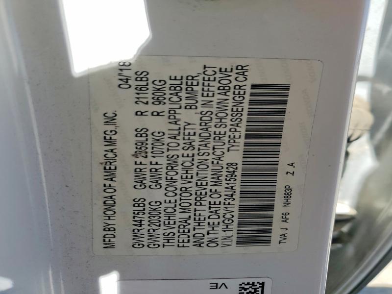 2018 Honda Accord მანქანა იყიდება აუქციონზე, vin: 1HGCV1F34JA159428, აუქციონის ნომერი: 62879196