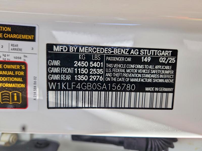 63429706 :رقم المزاد ، W1KLF4GB0SA156780 vin ، 2025 Mercedes-benz E مزاد بيع