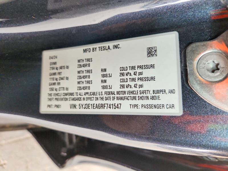 Aukcja sprzedaży 2024 Tesla Model 3, vin: 5YJ3E1EA6RF741547, numer aukcji: 61942686
