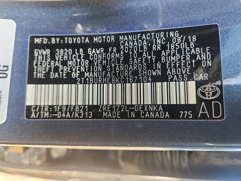 62139226 :رقم المزاد ، 2T1BURHE8KC167104 vin ، 2019 Toyota Corolla مزاد بيع