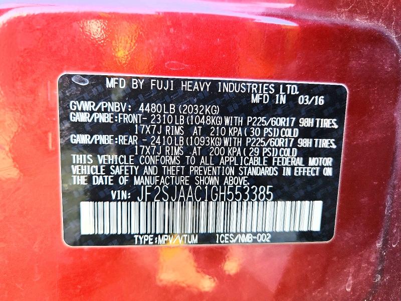2016 Subaru Forester მანქანა იყიდება აუქციონზე, vin: JF2SJAAC1GH553385, აუქციონის ნომერი: 60461456