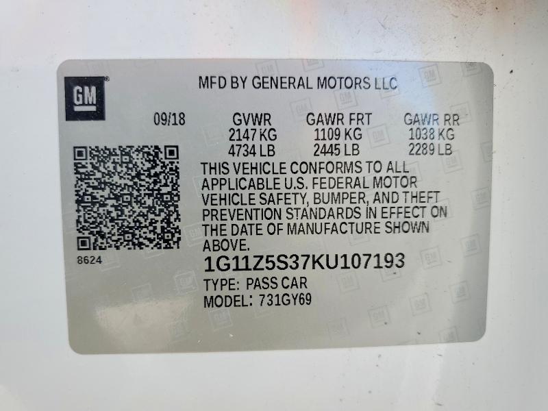 Aukcja sprzedaży 2019 Chevrolet Impala, vin: 1G11Z5S37KU107193, numer aukcji: 63197456