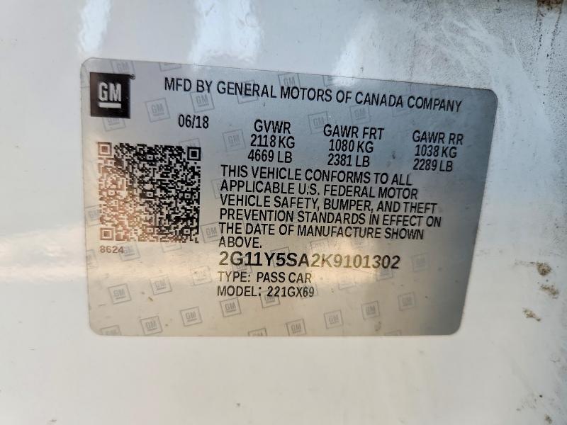 2019 Chevrolet Impala მანქანა იყიდება აუქციონზე, vin: 2G11Y5SA2K9101302, აუქციონის ნომერი: 59768296