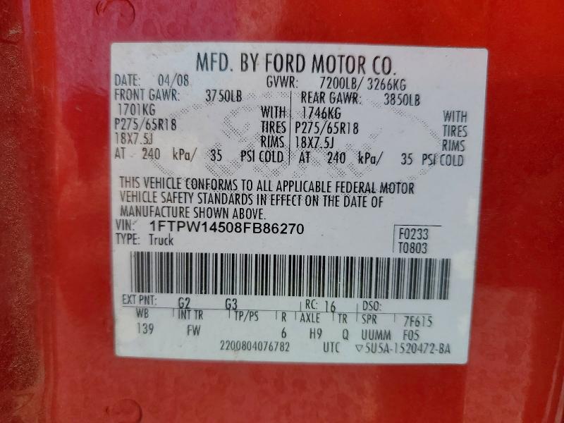 Продаж на аукціоні авто 2008 Ford F150, vin: 1FTPW14508FB86270, номер лоту: 61869426