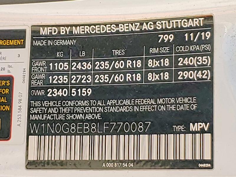 2020 Mercedes-benz Glc მანქანა იყიდება აუქციონზე, vin: W1N0G8EB8LF770087, აუქციონის ნომერი: 63195396