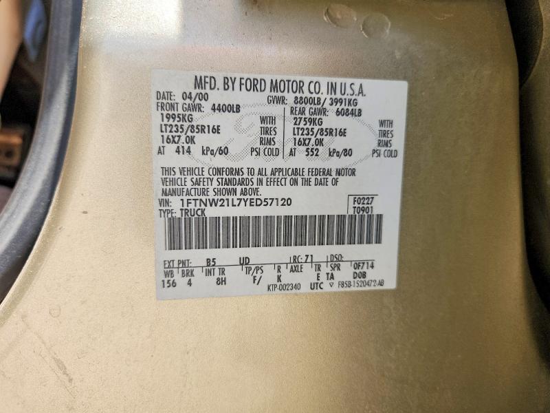 2000 Ford F250 მანქანა იყიდება აუქციონზე, vin: 1FTNW21L7YED57120, აუქციონის ნომერი: 60675876