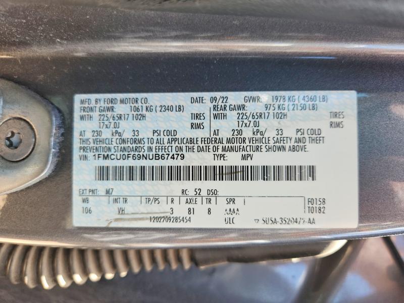 Aukcja sprzedaży 2022 Ford Escape, vin: 1FMCU0F69NUB67479, numer aukcji: 62527566