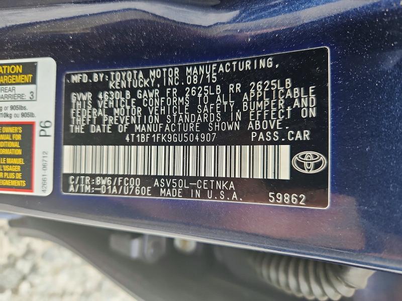 2016 Toyota Camry მანქანა იყიდება აუქციონზე, vin: 4T1BF1FK9GU504907, აუქციონის ნომერი: 61714306
