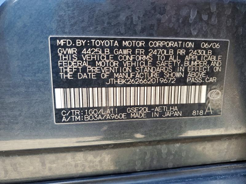 61244366 :رقم المزاد ، JTHBK262662019672 vin ، 2006 Lexus Is مزاد بيع