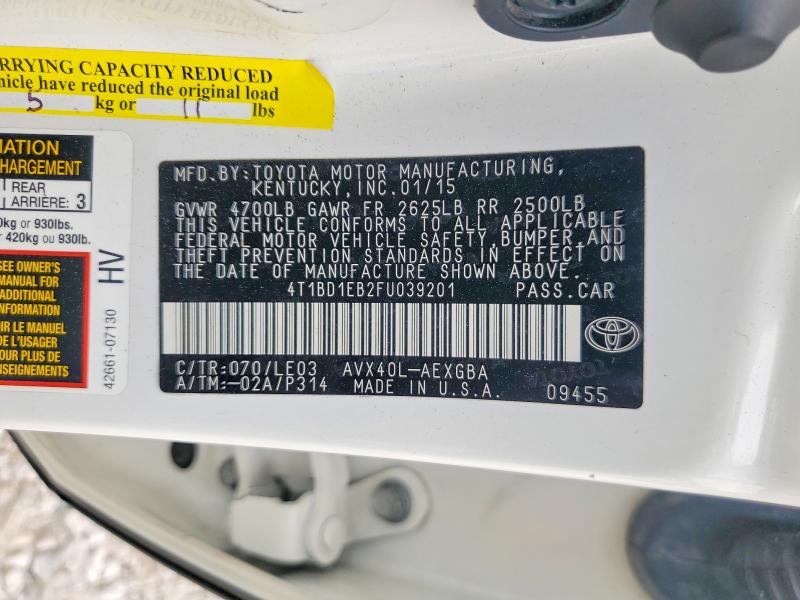60563046 :رقم المزاد ، 4T1BD1EB2FU039201 vin ، 2015 Toyota Avalon Hybrid مزاد بيع