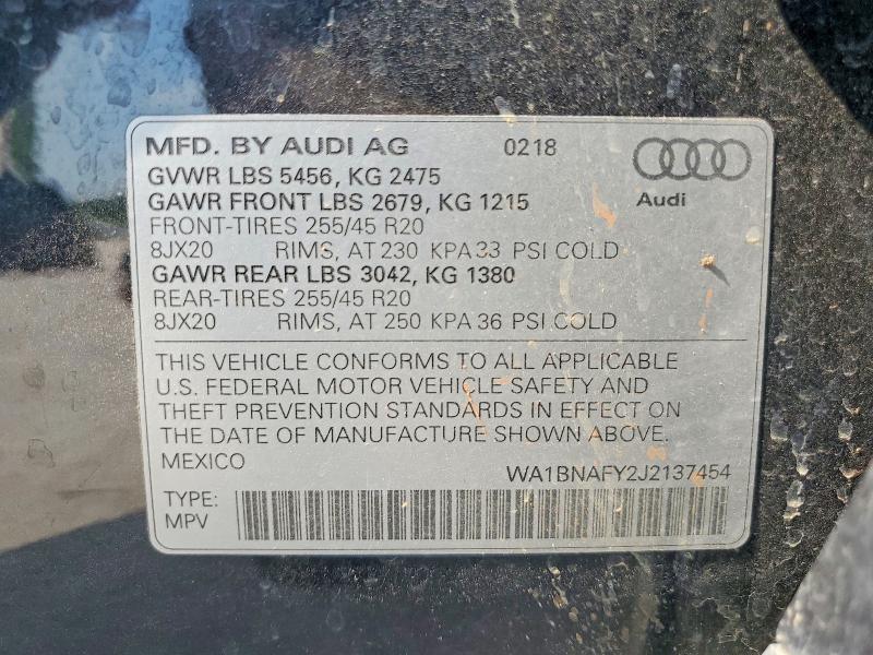 2018 Audi Q5 მანქანა იყიდება აუქციონზე, vin: WA1BNAFY2J2137454, აუქციონის ნომერი: 59168176