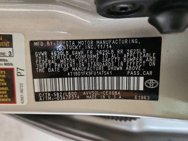 60828506 :رقم المزاد ، 4T1BD1FK9FU147541 vin ، 2015 Toyota Camry Hybrid مزاد بيع