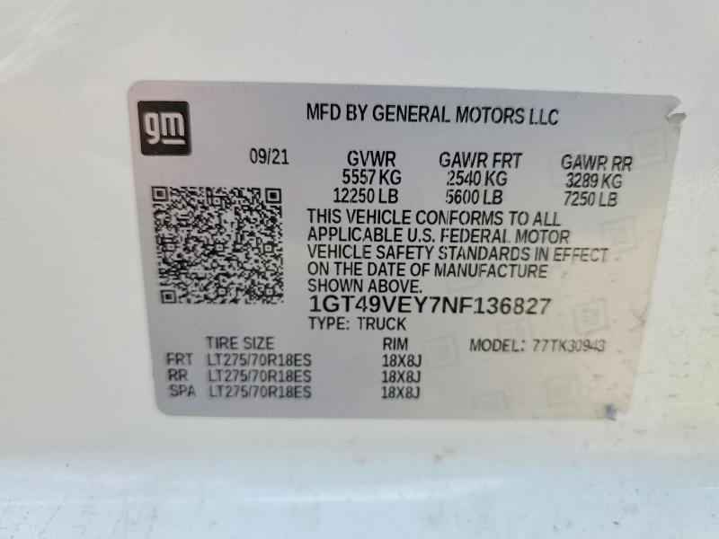 59798826 :رقم المزاد ، 1GT49VEY7NF136827 vin ، 2022 Gmc Sierra مزاد بيع