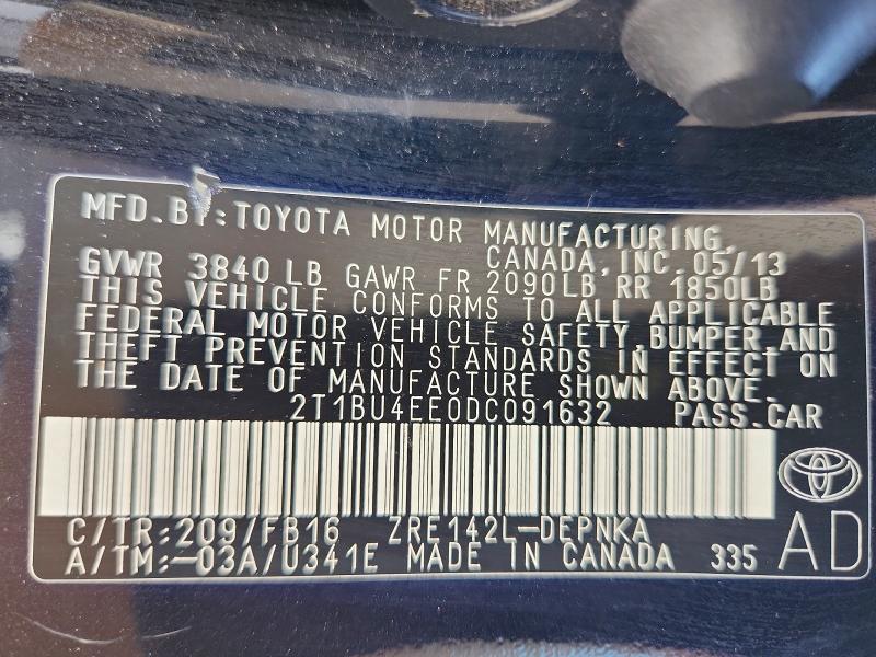 2013 Toyota Corolla მანქანა იყიდება აუქციონზე, vin: 2T1BU4EE0DC091632, აუქციონის ნომერი: 61049576