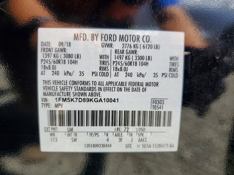 59901646 :رقم المزاد ، 1FM5K7D89KGA10041 vin ، 2019 Ford Explorer مزاد بيع