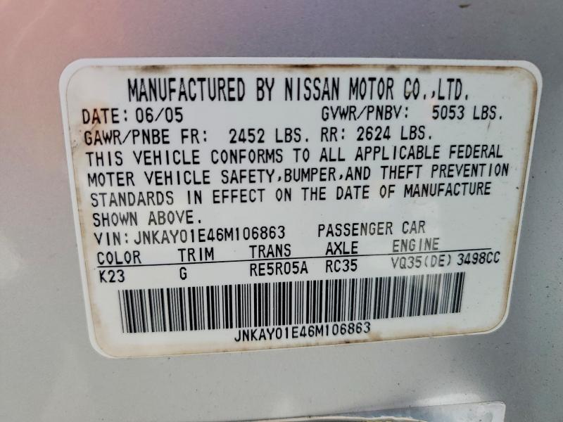 60529586 :رقم المزاد ، JNKAY01E46M106863 vin ، 2006 Infiniti M35 مزاد بيع