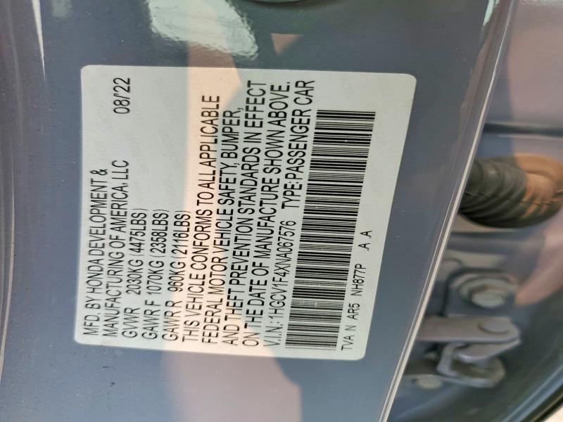 Aukcja sprzedaży 2022 Honda Accord, vin: 1HGCV1F4XNA067576, numer aukcji: 61583816