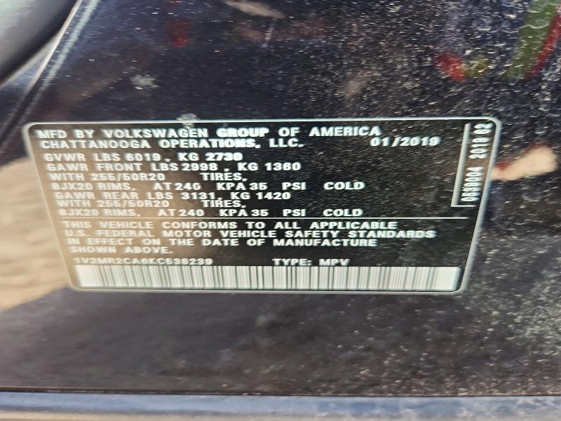 61229496 :رقم المزاد ، 1V2MR2CA6KC538239 vin ، 2019 Volkswagen Atlas مزاد بيع
