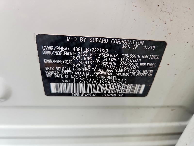 2019 Subaru Forester მანქანა იყიდება აუქციონზე, vin: JF2SKAWC3KH495343, აუქციონის ნომერი: 59166036
