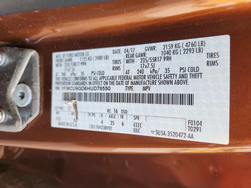 Продаж на аукціоні авто 2017 Ford Escape, vin: 1FMCU9GD6HUD78550, номер лоту: 63164306