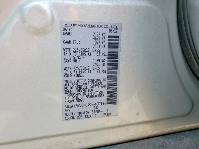 62617566 :رقم المزاد ، 5N1AT2MV0HC854716 vin ، 2017 Nissan Rogue مزاد بيع