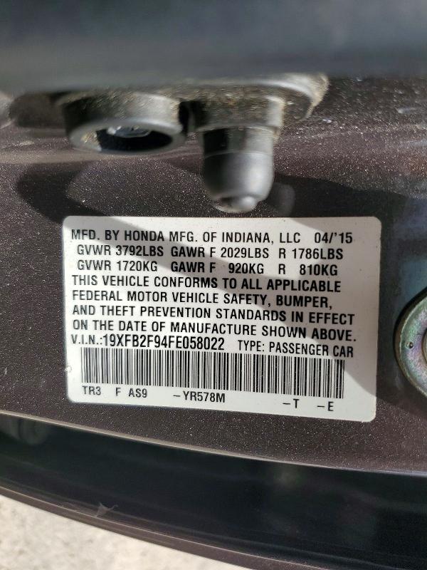 Продажа на аукционе авто 2015 Honda Civic, vin: 19XFB2F94FE058022, номер лота: 59673366