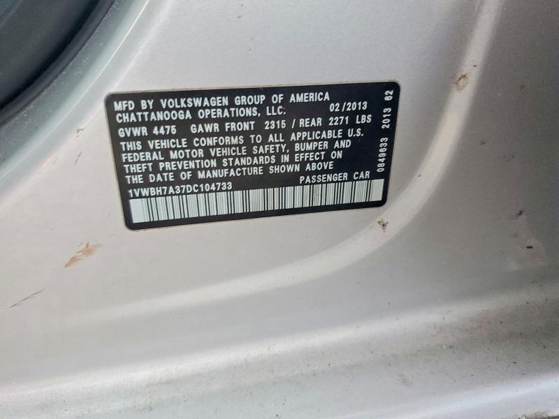 59991026 :رقم المزاد ، 1VWBH7A37DC104733 vin ، 2013 Volkswagen Passat مزاد بيع