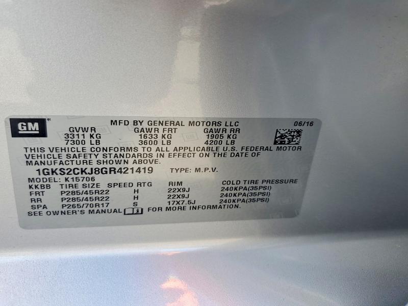 Aukcja sprzedaży 2016 Gmc Yukon, vin: 1GKS2CKJ8GR421419, numer aukcji: 62074706