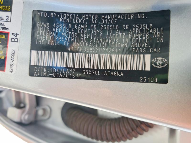 Aukcja sprzedaży 2007 Toyota Avalon, vin: 4T1BK36B27U212944, numer aukcji: 62259196