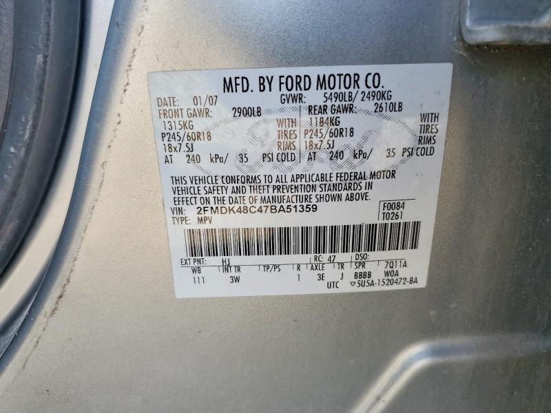 62110686 :رقم المزاد ، 2FMDK48C47BA51359 vin ، 2007 Ford Edge مزاد بيع