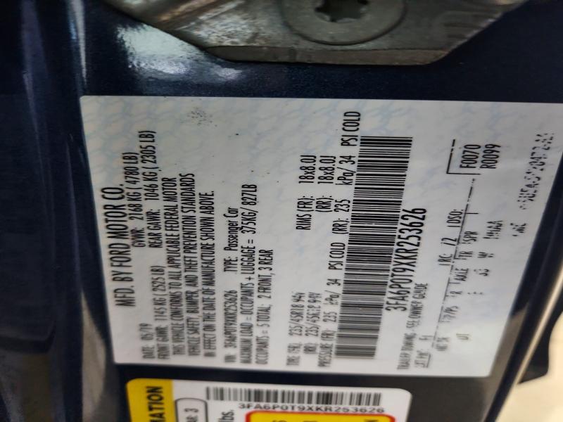 Auction sale of the 2019 Ford Fusion, vin: 3FA6P0T9XKR253626, lot number: 59872456