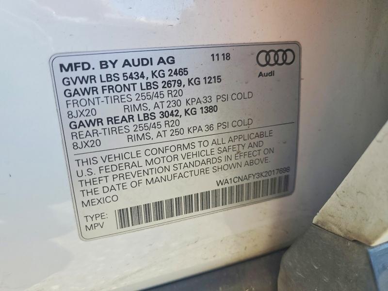 59637256 :رقم المزاد ، WA1CNAFY3K2017698 vin ، 2019 Audi Q5 مزاد بيع