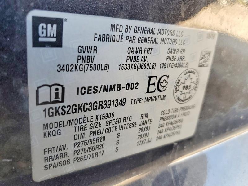 60816776 :رقم المزاد ، 1GKS2GKC3GR391349 vin ، 2016 Gmc Yukon Xl مزاد بيع