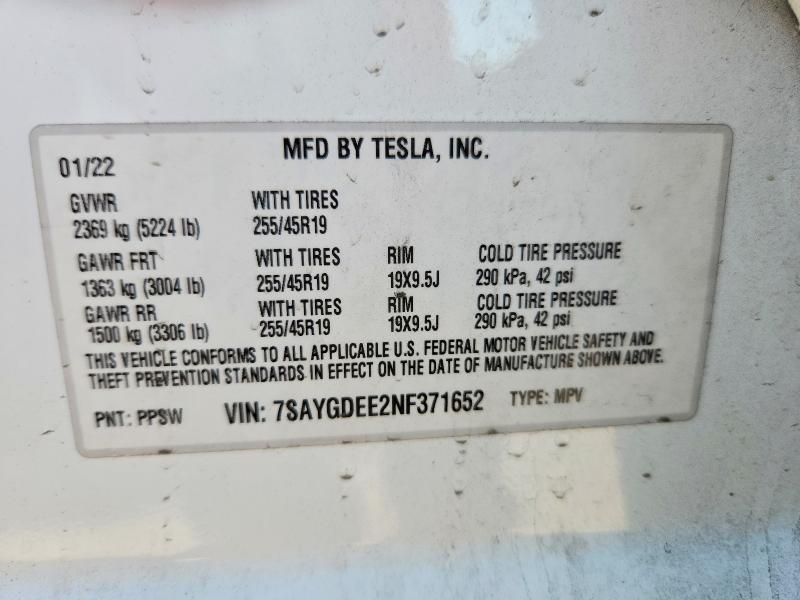 Aukcja sprzedaży 2022 Tesla Model Y, vin: 7SAYGDEE2NF371652, numer aukcji: 60275276