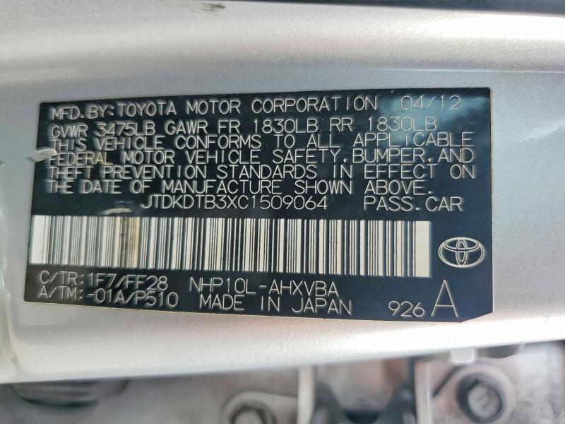 Aukcja sprzedaży 2012 Toyota Prius C, vin: JTDKDTB3XC1509064, numer aukcji: 60598096
