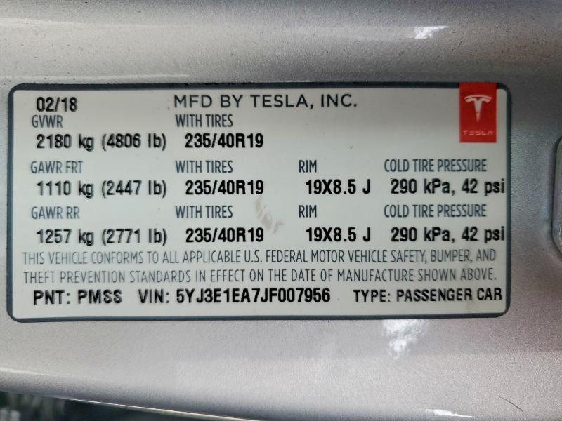 2018 Tesla Model 3 მანქანა იყიდება აუქციონზე, vin: 5YJ3E1EA7JF007956, აუქციონის ნომერი: 61773736
