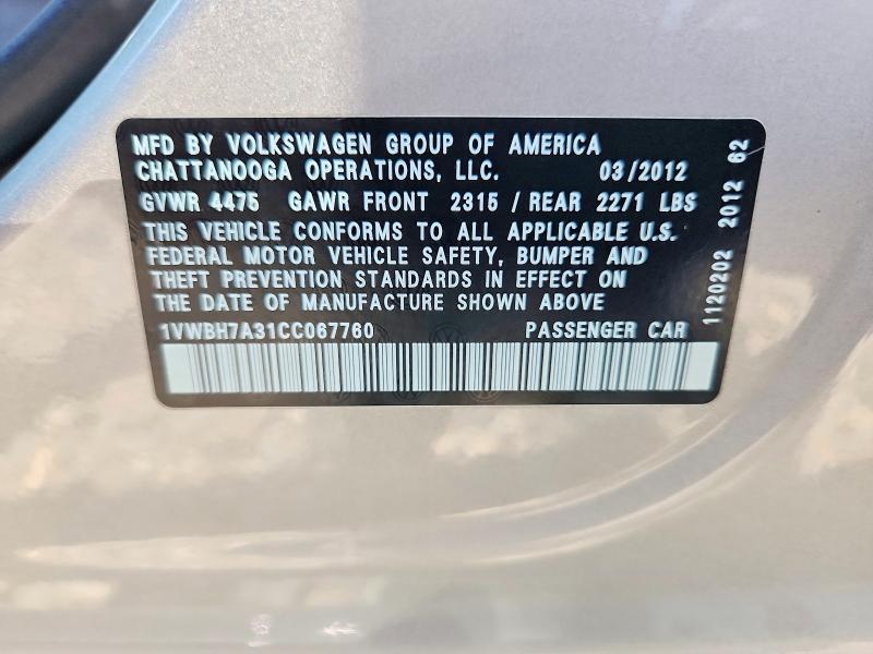 Aukcja sprzedaży 2012 Volkswagen Passat, vin: 1VWBH7A31CC067760, numer aukcji: 60754376