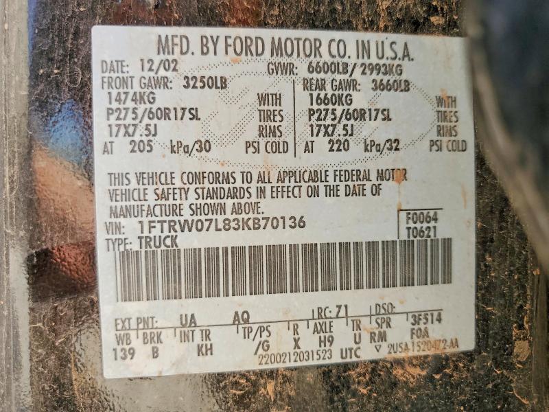 2003 Ford F150 მანქანა იყიდება აუქციონზე, vin: 1FTRW07L83KB70136, აუქციონის ნომერი: 60617196