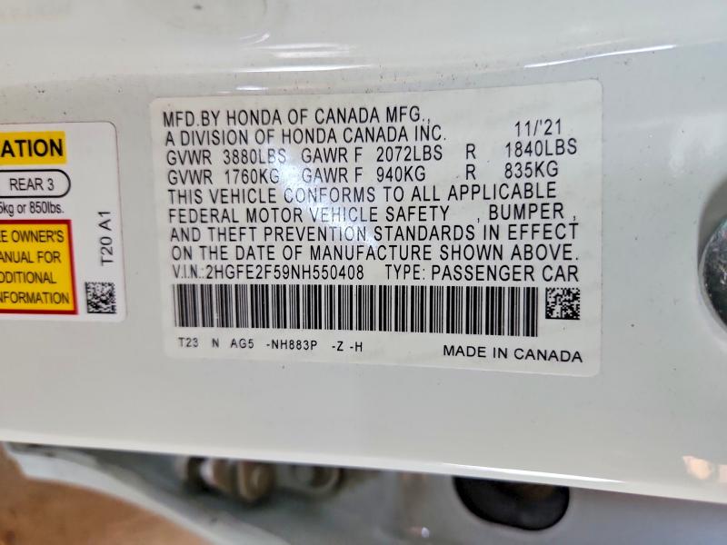 Продажа на аукционе авто 2022 Honda Civic, vin: 2HGFE2F59NH550408, номер лота: 59824526