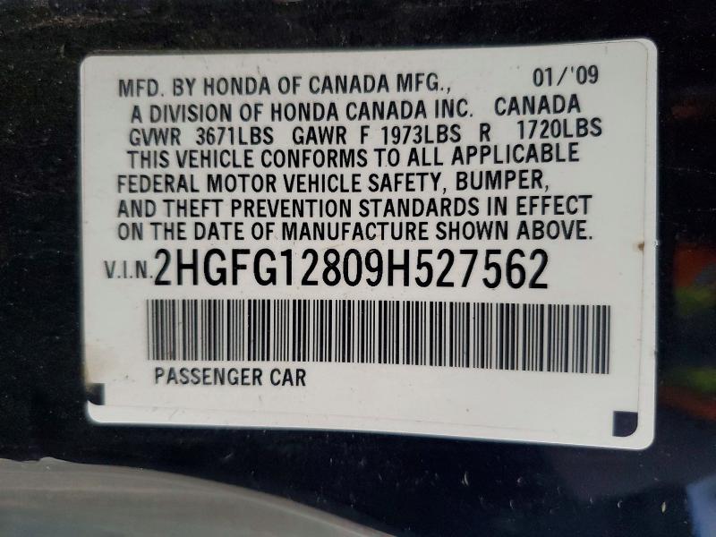Продажа на аукционе авто 2009 Honda Civic, vin: 2HGFG12809H527562, номер лота: 62003946