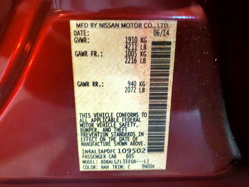 60739156 :رقم المزاد ، 1N4AL3AP0FC109502 vin ، 2015 Nissan Altima مزاد بيع