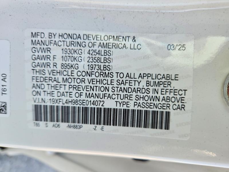 2025 Honda Civic მანქანა იყიდება აუქციონზე, vin: 19XFL4H98SE014072, აუქციონის ნომერი: 63055446