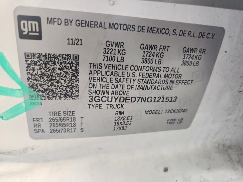 Продажа на аукционе авто 2022 Chevrolet Silverado Ltd, vin: 3GCUYDED7NG121513, номер лота: 60012546