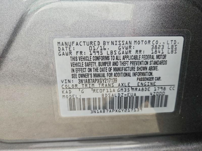 Aukcja sprzedaży 2016 Nissan Sentra, vin: 3N1AB7APXGY217139, numer aukcji: 59348316