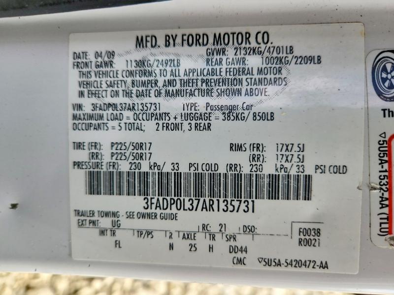 2010 Ford Fusion მანქანა იყიდება აუქციონზე, vin: 3FADP0L37AR135731, აუქციონის ნომერი: 61792706