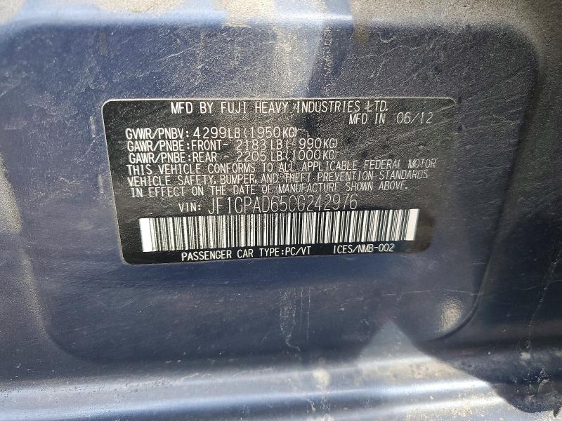 2012 Subaru Impreza მანქანა იყიდება აუქციონზე, vin: JF1GPAD65CG242976, აუქციონის ნომერი: 62749786
